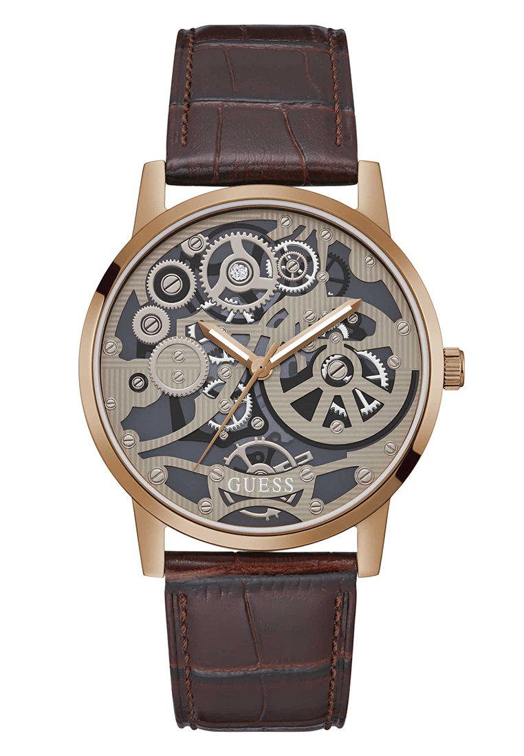 Guess GW0570G2 - Jam Tangan Analog Pria - Rosegold Stainless Steel Case - Brown Leather Strap