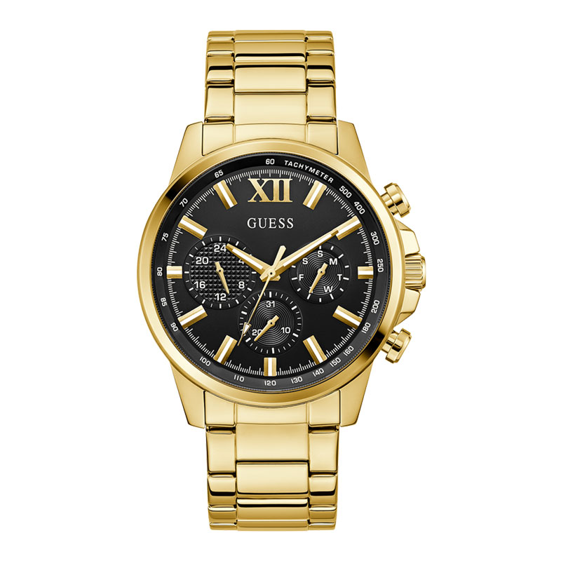 Guess Watches Jam Tangan Pria Guess GW0900G3 Men Multifunction Black Dial Gold Stainless Steel Strap