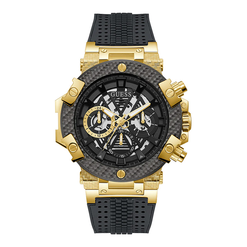 Guess Watches Jam Tangan Pria Guess GW0486G2 Men Semi Skeleton Dial Black Silicone Strap