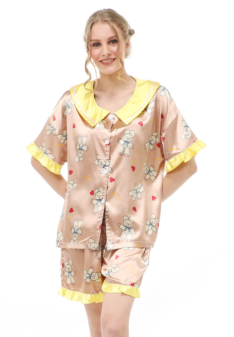Hamlin Vance Setelan Baju Tidur Wanita Lengan Pendek Motif Coco Bear Material Satin ORIGINAL - Yello