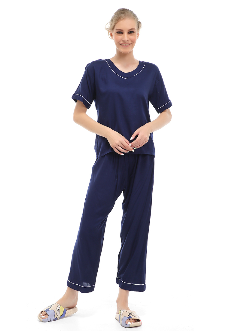 Hamlin Vance Piyama Setelan Baju Tidur Wanita Lengan Pendek Material Rayon ORIGINAL - Navy
