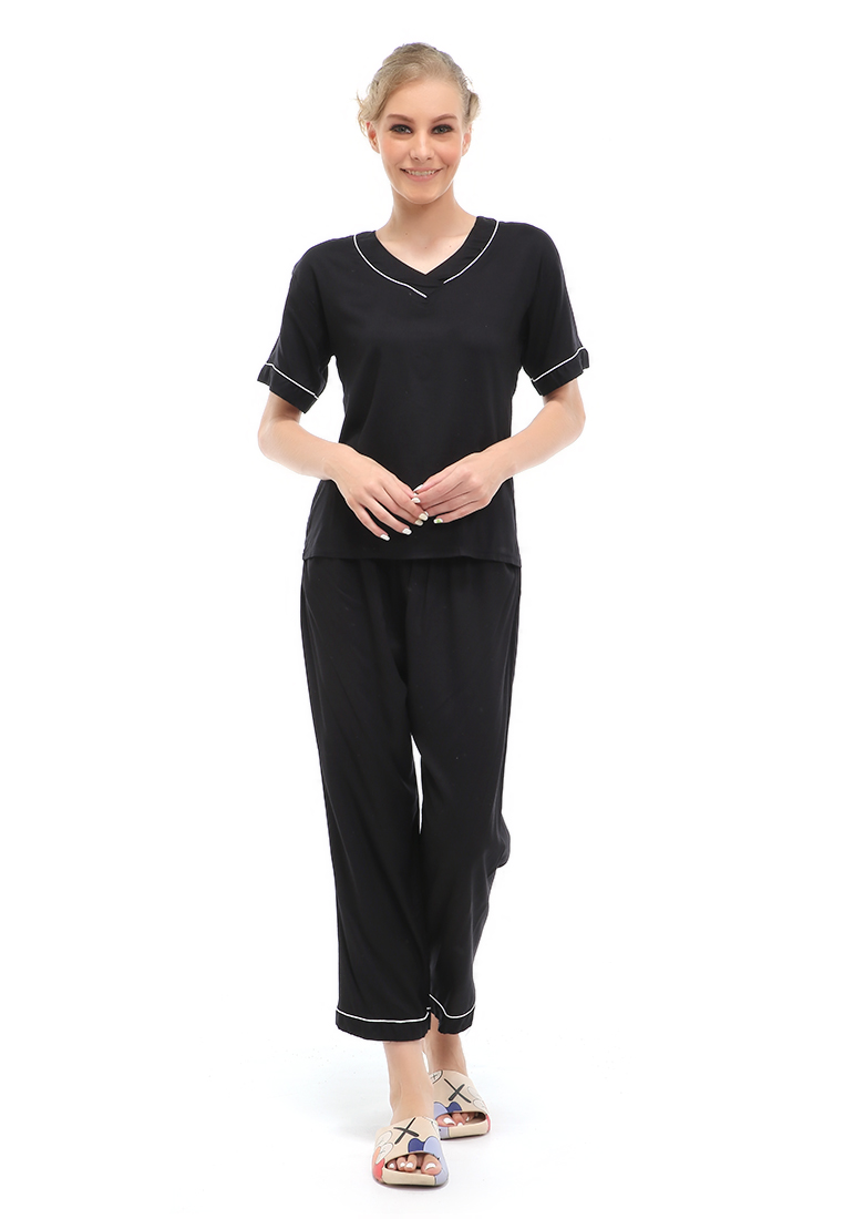 Hamlin Vance Piyama Setelan Baju Tidur Wanita Lengan Pendek Material Rayon ORIGINAL - Black