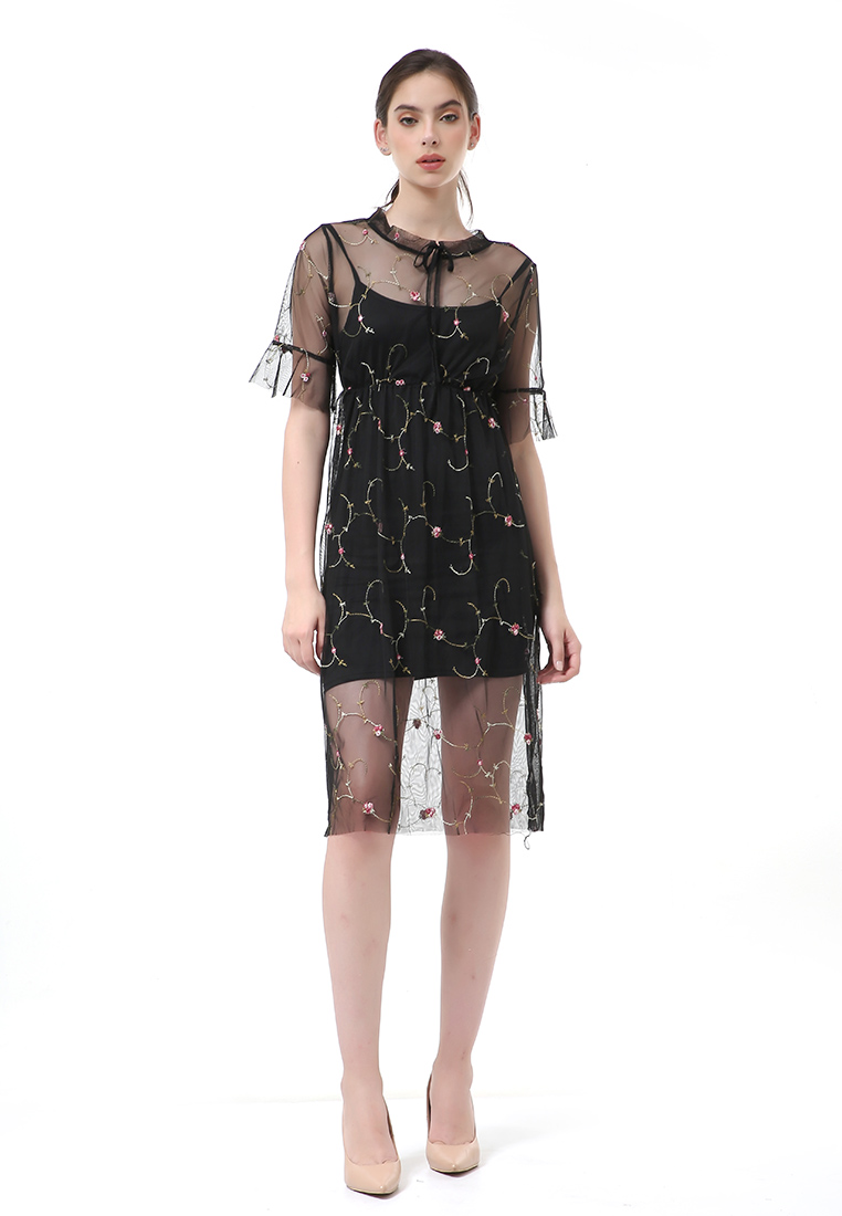 Hamlin Rachel Midi Dress Wanita Lengan Pendek Koreaan Style Material Brukat ORIGINAL - Black