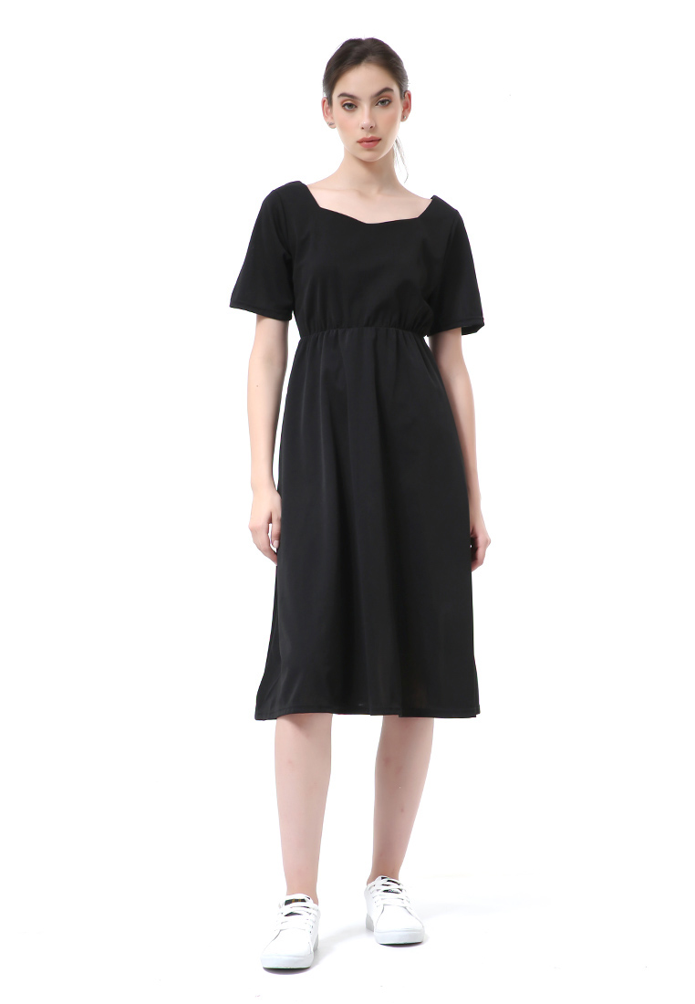 Hamlin Rachel Long Dress Wanita Lengan Pendek Motif Polos Material Cotton ORIGINAL - Black