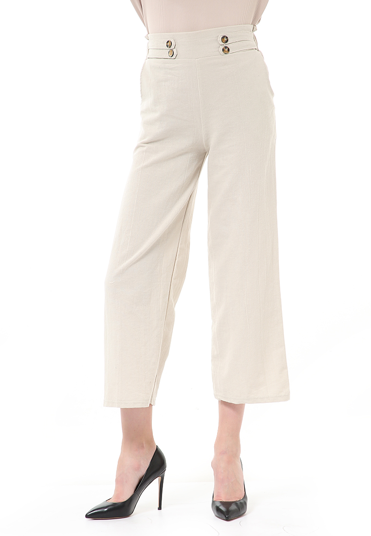 Hamlin Stella Casual Long Pants Wanita Celana Kulot Highwaist Double Botton Material Linen ORIGINAL