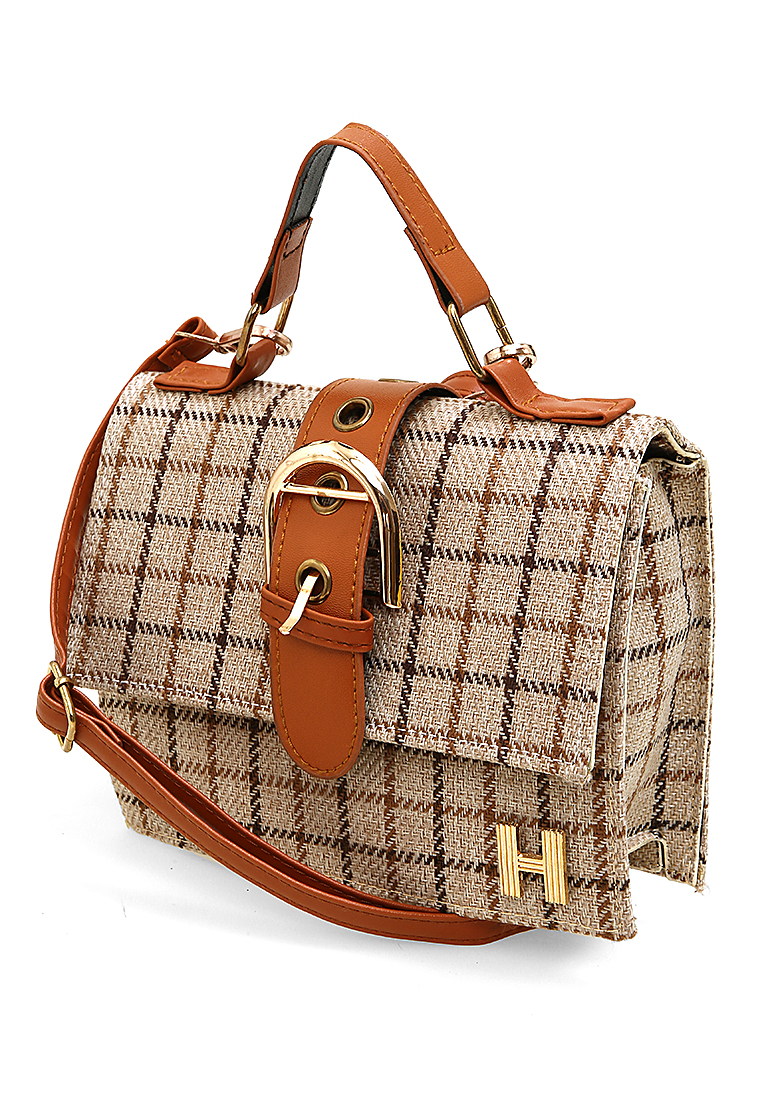 Hamlin Werlyn Tas Selempang Wanita Tartan Casual Large Storage Material Canvas ORIGINAL - Cream