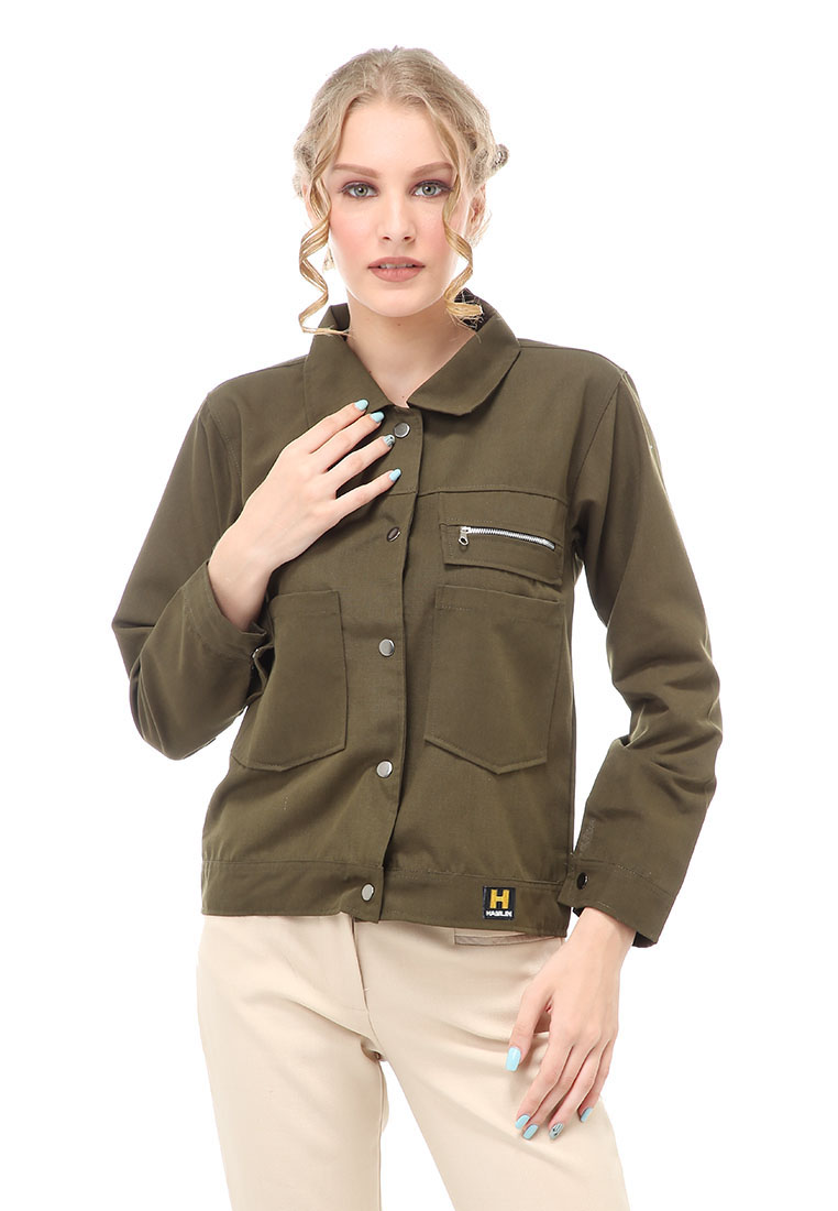 Hamlin Hardwin Jacket Outer Wanita Jaket Pocket Zippy Material Baby Canvas ORIGINAL - Army Green