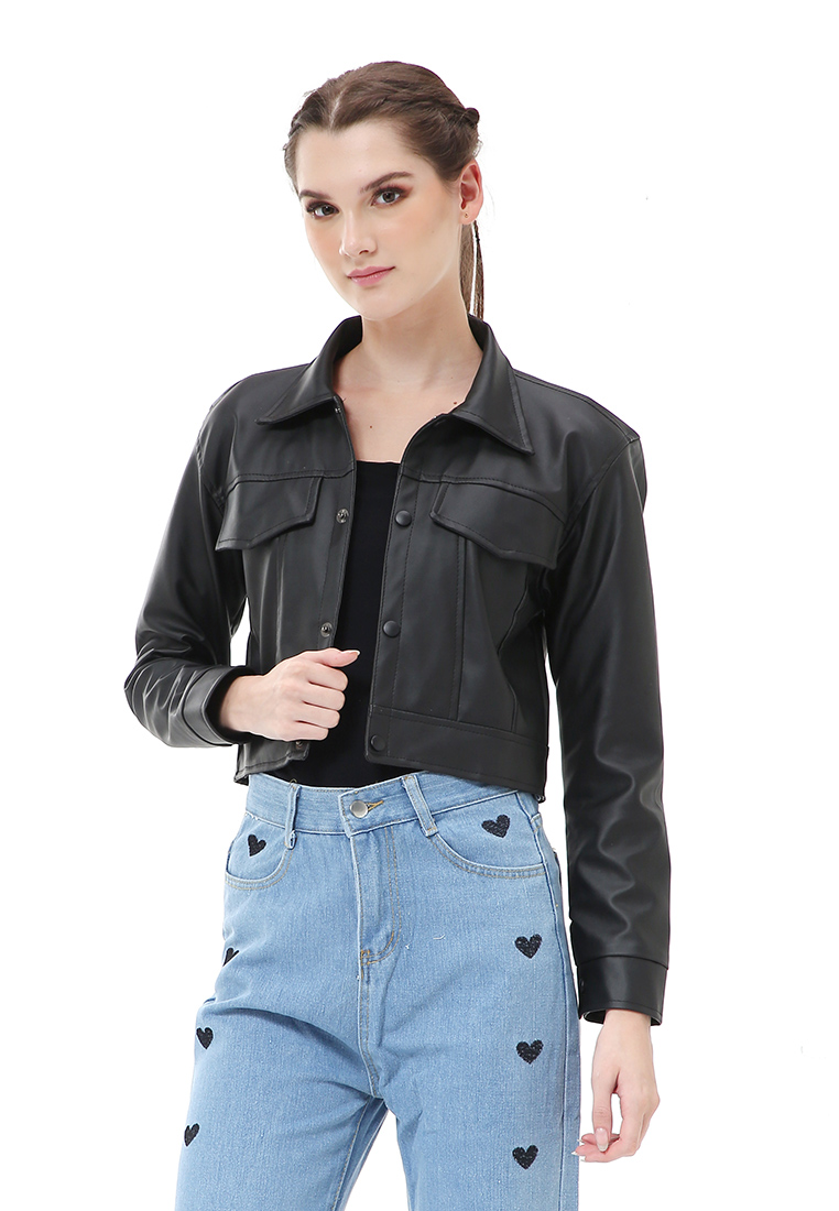 Hamlin Poppy Outerwear Wanita Jaket Kulit Crop Oversize Big Pocket Material Leather ORIGINAL - Black