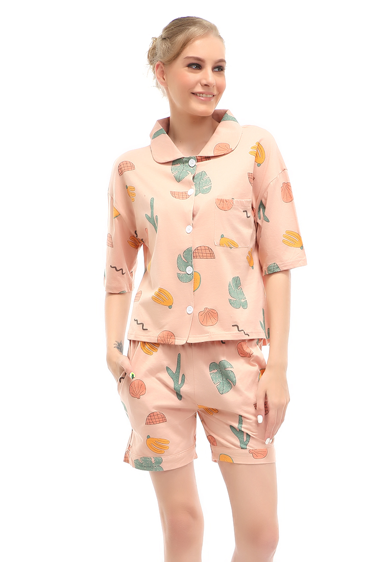 Hamlin Vance Setelan Piyama Baju Tidur Wanita Celana Pendek Hotpant Motif Cactus Material Spandex OR