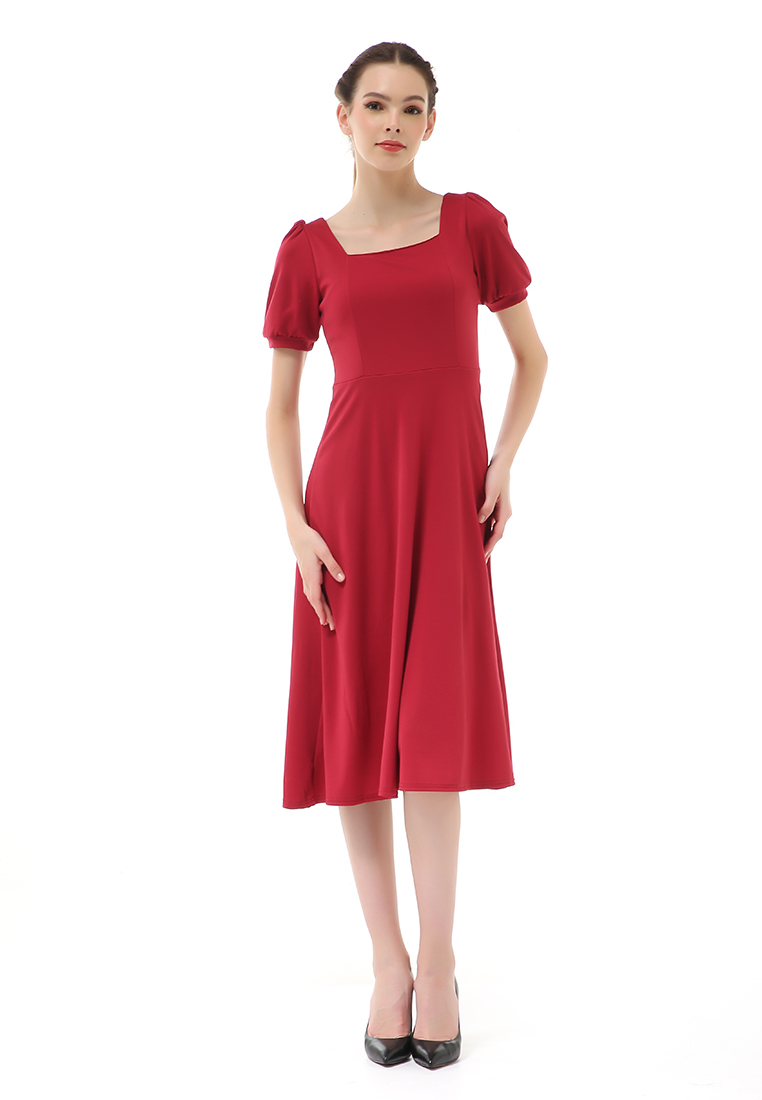 Hamlin Rachel Long Dress Wanita Lengan Pendek Motif Polos Material Cotton ORIGINAL - Red