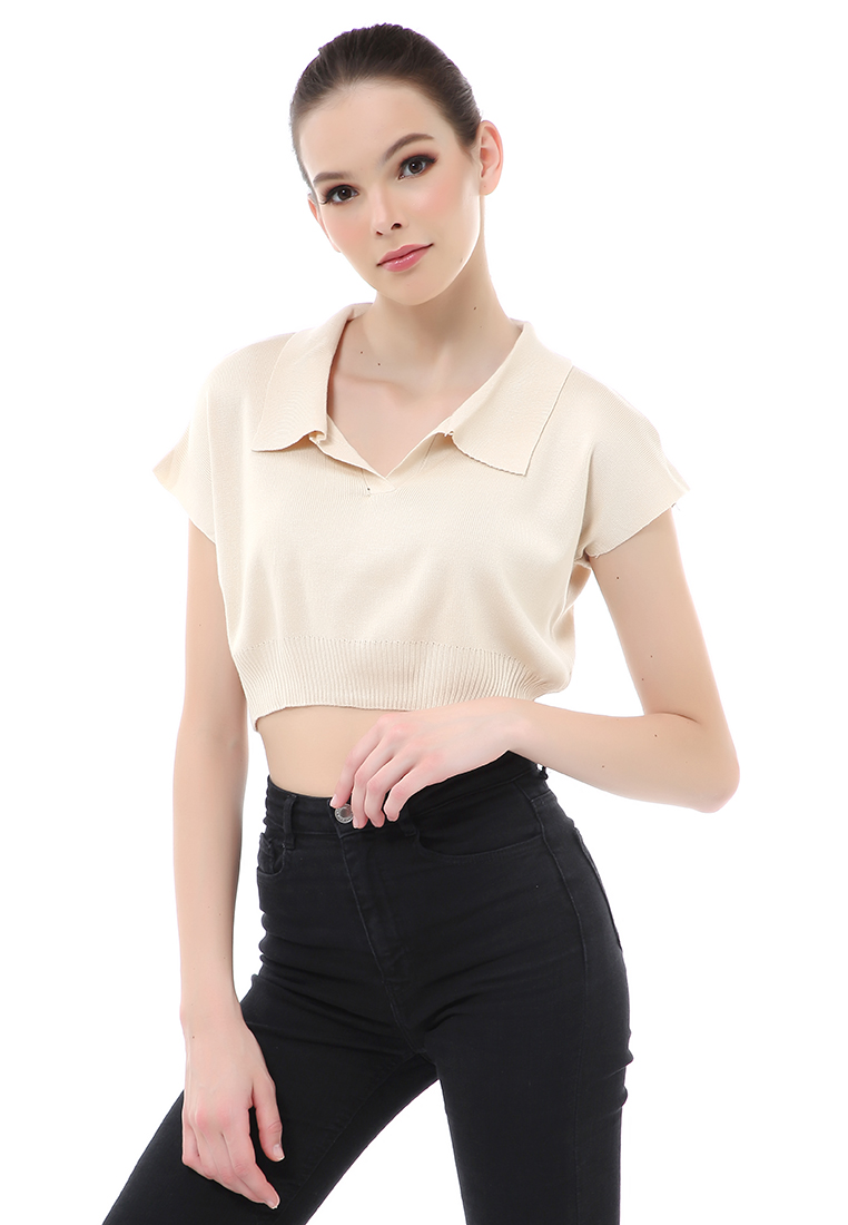 Hamlin Albertine Atasan Crop Wanita Lengan Pendek Blouse Kerah Material Rajut ORIGINAL - Cream