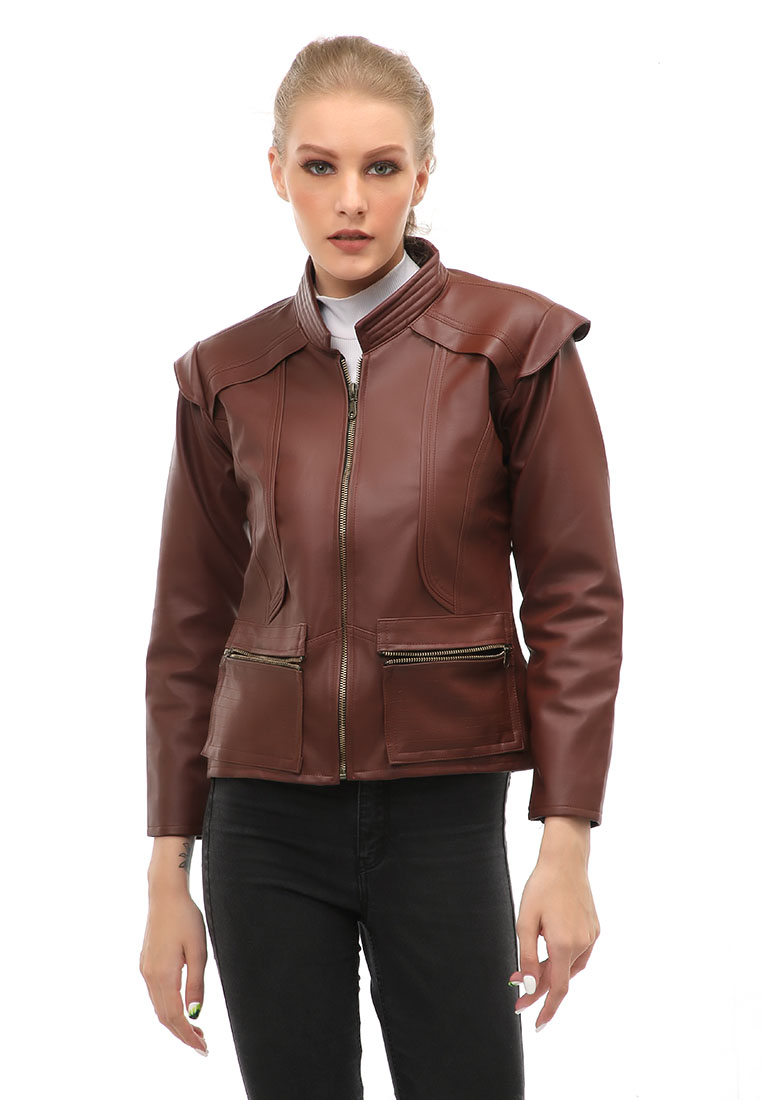 Hamlin Glenice Jacket Kulit Casual Wanita Zipper Pocket Material Leather ORIGINAL - Brown