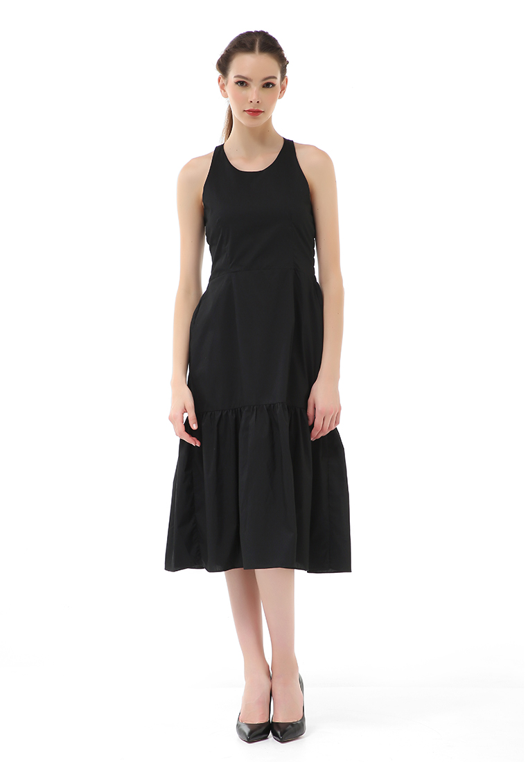 Hamlin Rachel Midi Dress Wanita Tanpa Lengan Motif Polos Material Poplin ORIGINAL - Black