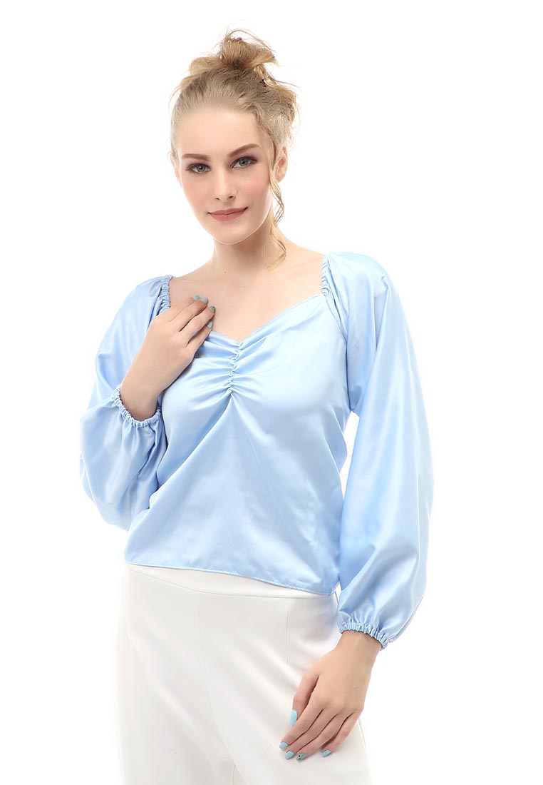 Hamlin Cheva Blouse Casual Wanita Sabrina Kerut Dada Lengan Panjang Material Satin ORIGINAL - Blue