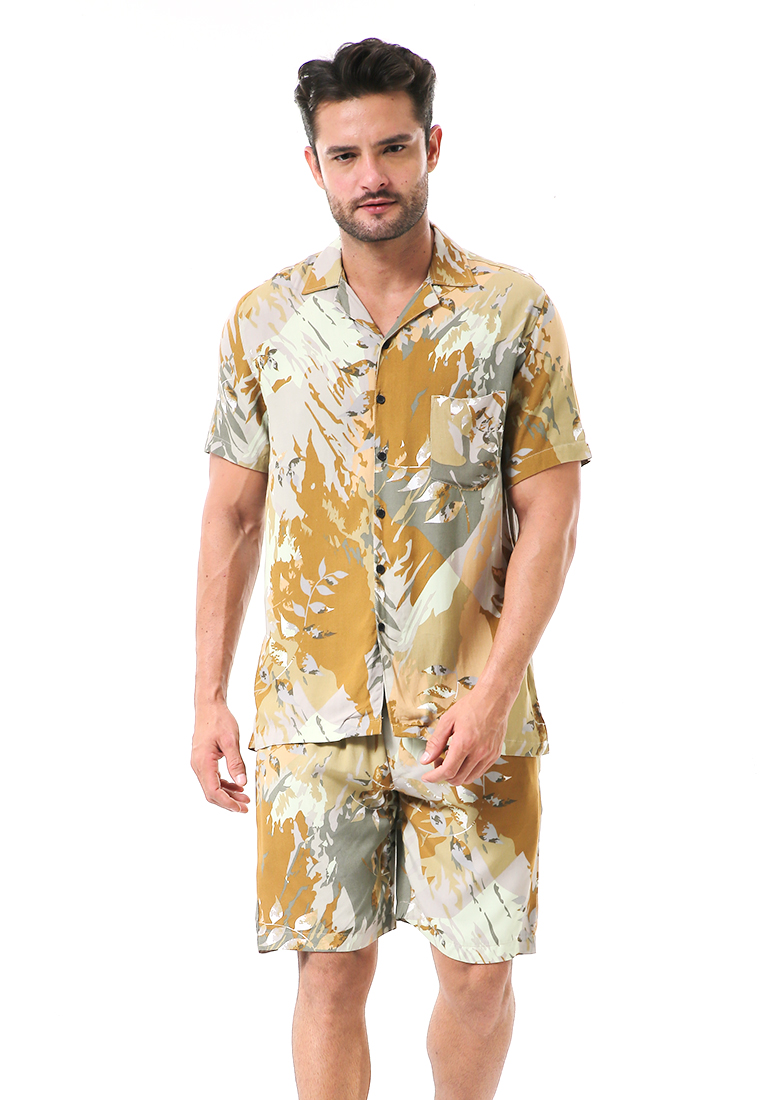 Hamlin Deon Piyama Pria Kemeja One Set Lengan Pendek Motif Daun Material Rayon ORIGINAL - Cream