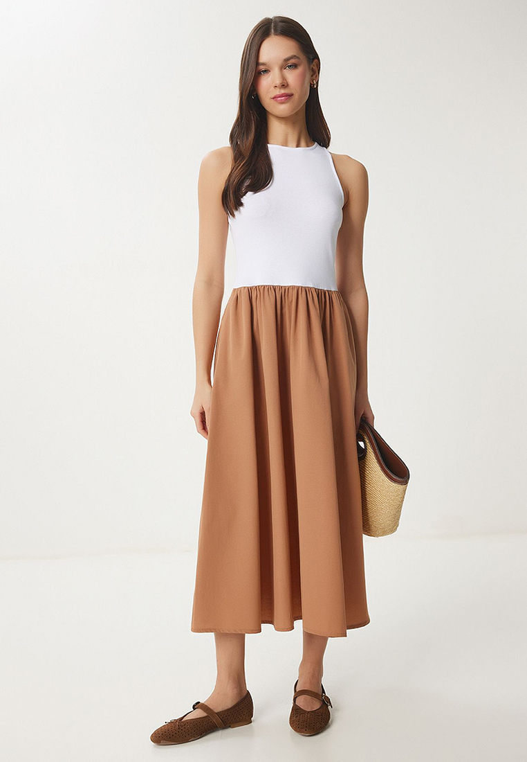 Happiness Istanbul Women Camel White Stretchy Knitted Top Poplin Skirt Dress Ub00379