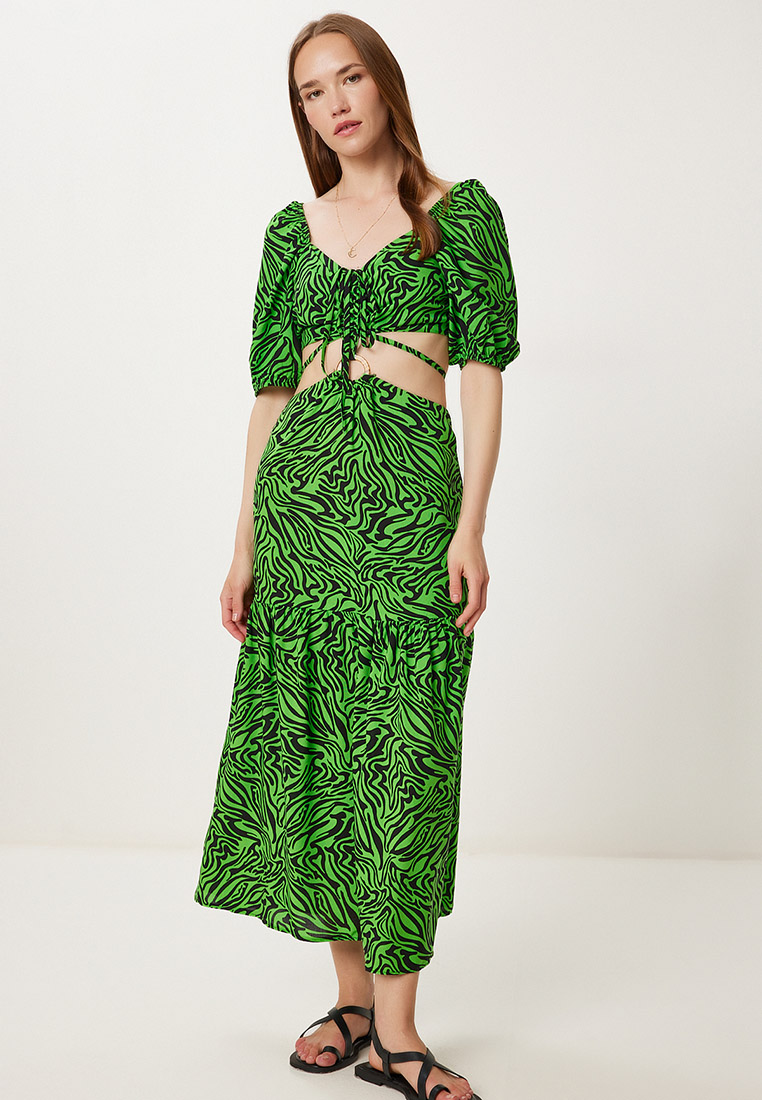Happiness Istanbul Women's Green Black Patterned Crop Blouse Skirt Set Fk00033