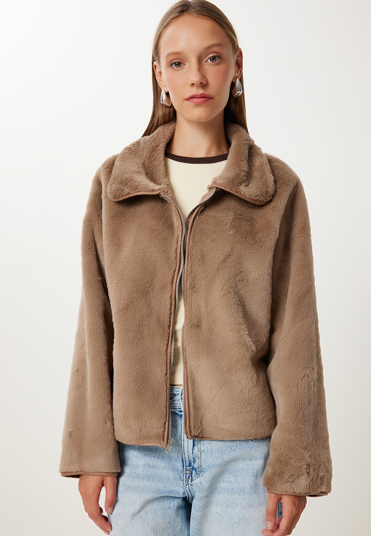 Happiness Istanbul Women's Beige Brown Double Sided Polo Collar Jacket Kt00015