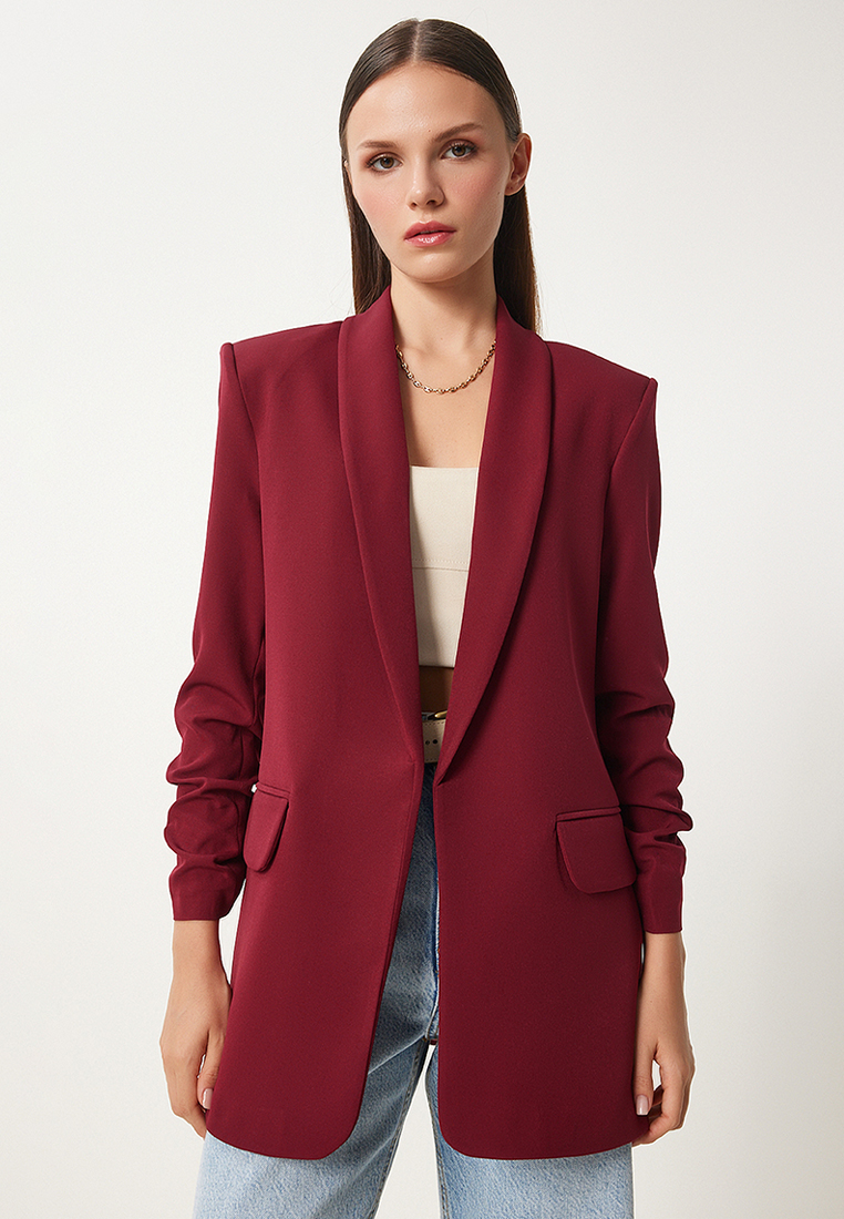 Happiness Istanbul Women's Burgundy Shawl Collar Gather Detailed Woven Blazer Jacket Hl00004