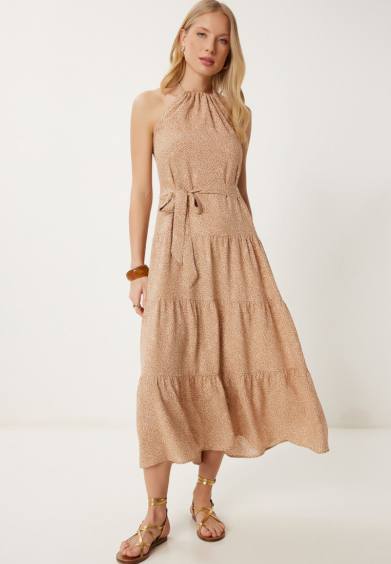 Happiness Istanbul Women's Milk Coffee Patterned Halter Neck Summer Viscose Dress Fk00029