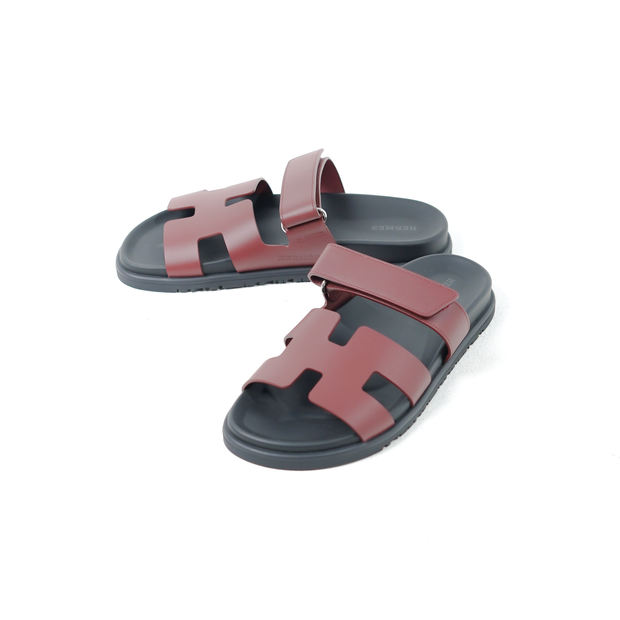 Hermès Sandal HERMES CHYPRE BLACK ROUGH BURGUNDY SANDAL 100% ORIGINAL