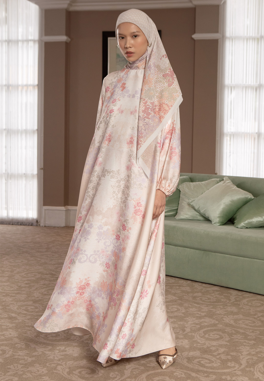 HijabChic Rosela Dress Peach - Baju Lebaran Dress Motif Floral