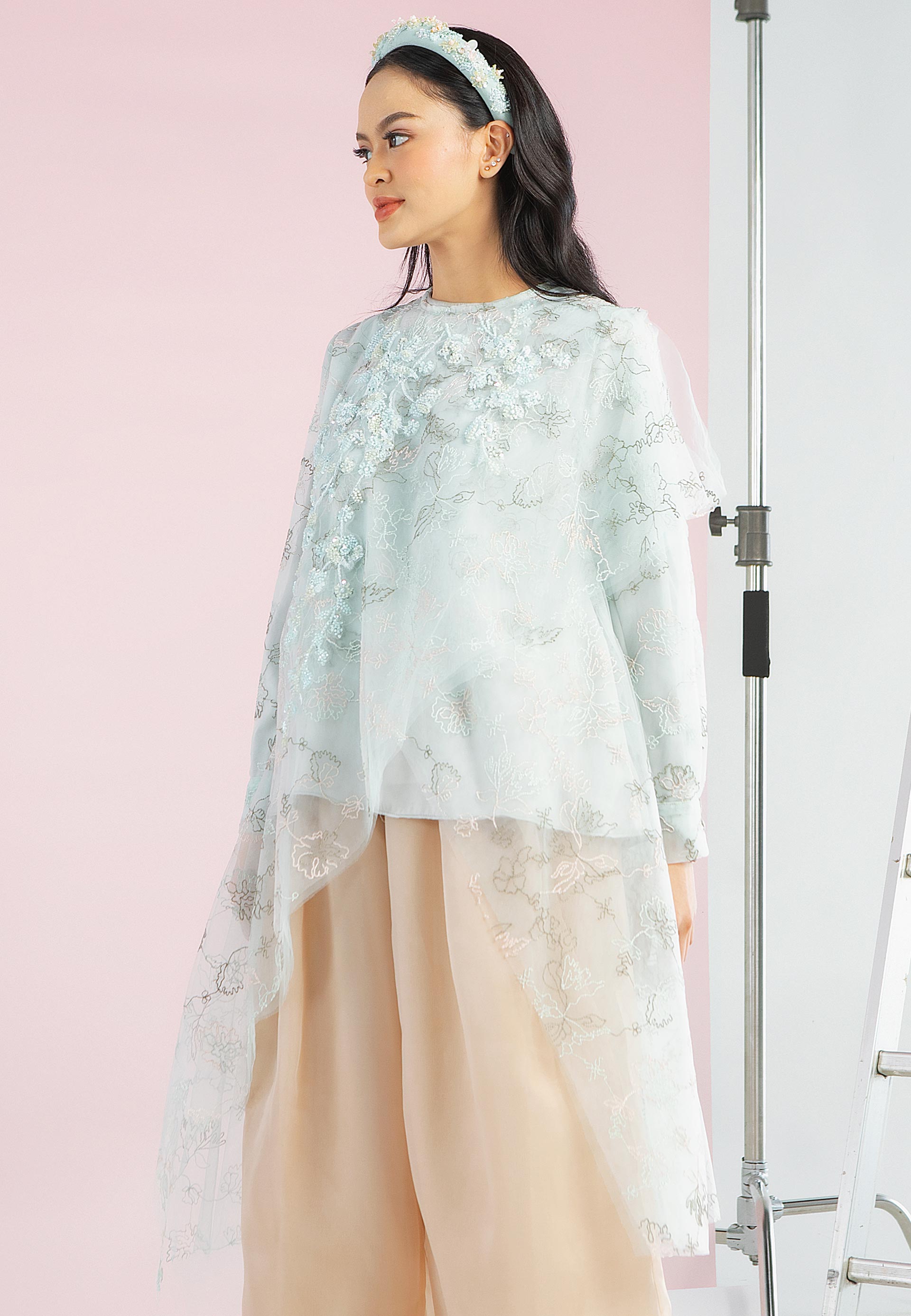 HijabChic Avla Mint Outerwear - Outer Lebaran Elegan Brukat Layer Payet Bunga Premium