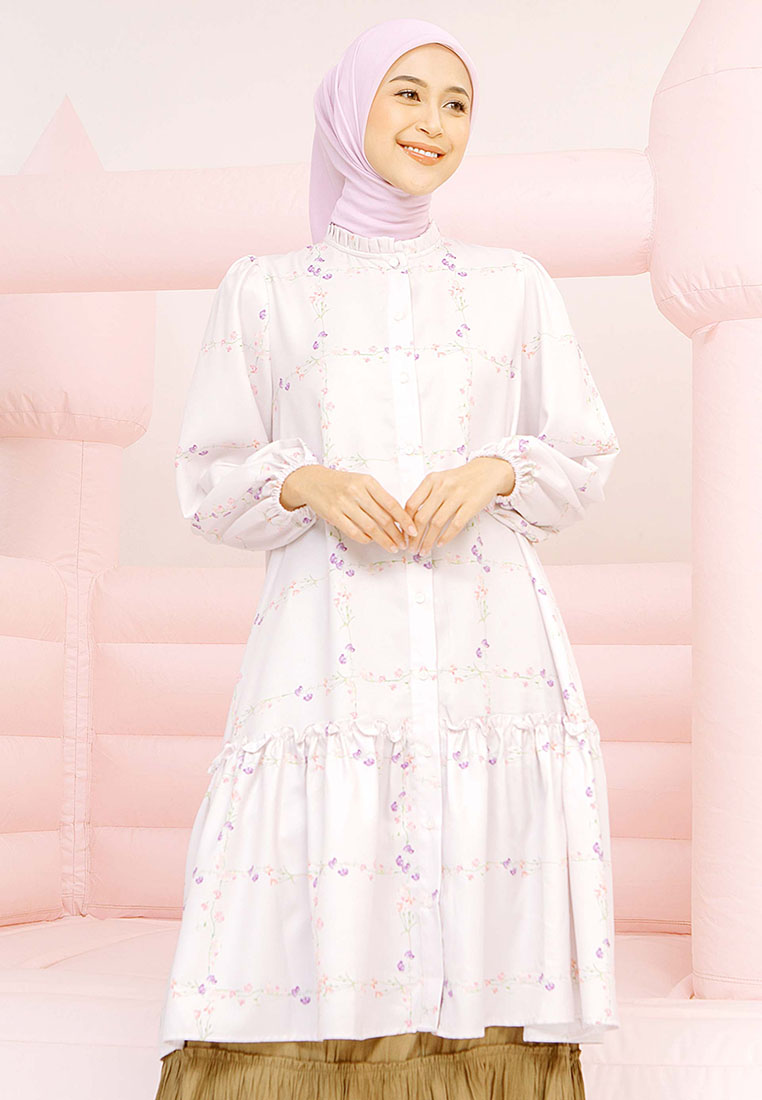 HijabChic Elora Soft Pink Tunic - Tunik Lebaran Kekinian Motif Bunga Warna Pink Lengan Balon Busui