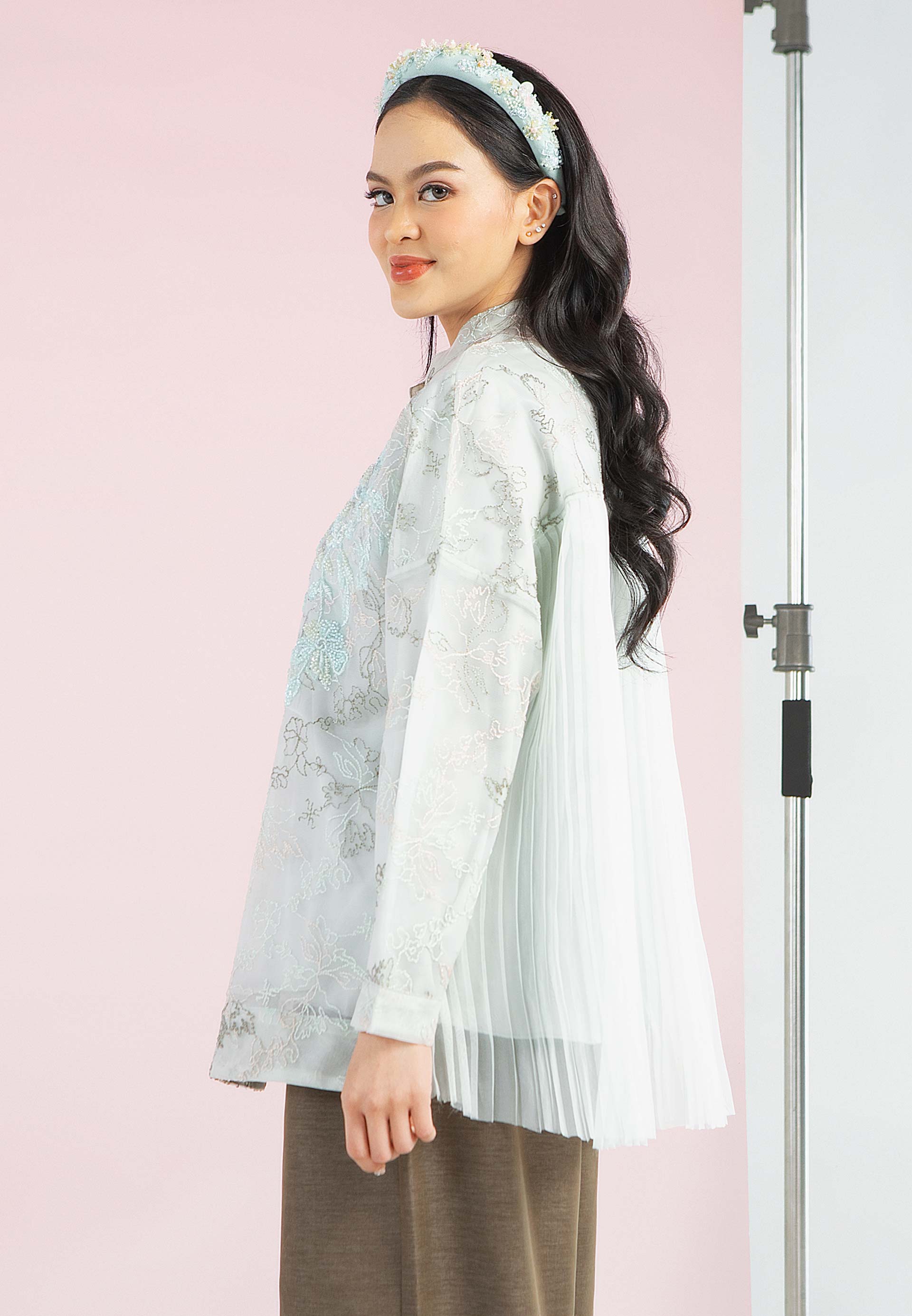 HijabChic Moa Mint Top - Baju Lebaran Elegan Brukat Payet Bunga Premium Pleats Belakang Cantik