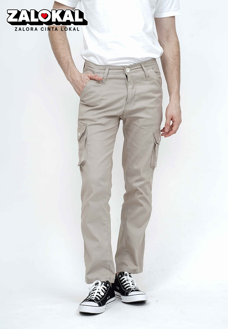 House of Cuff Celana Panjang kargo Pria Slim Fit Cargo pants kantong stretch melar Krim