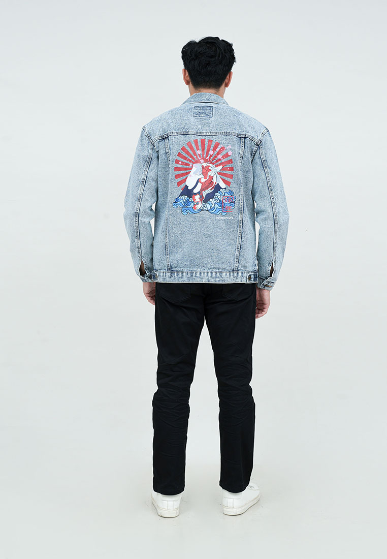 House of Cuff Houseofcuff Jaket Jeans Pria Motif Gunung Jaket Denim Biru Pudar