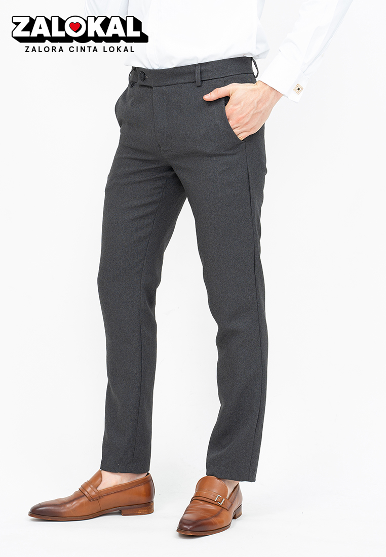 House of Cuff Celana panjang pria slim fit kerja formal button celana bahan stretch abu tua
