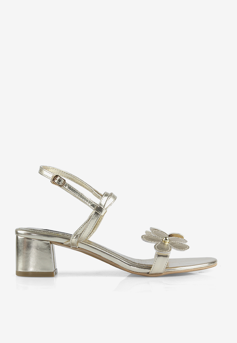 INPACA Daisy Block Heels Bunga Metalik Metallic Leather Hak Kotak High Heels Pesta