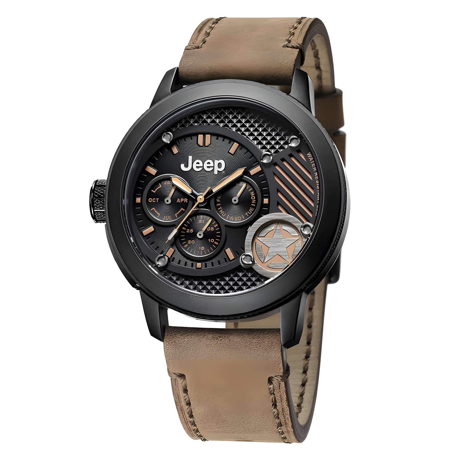 Jeep Jam Tangan Analog Pria - Black Stainless Case - Brown Leather Strap - JPW61803