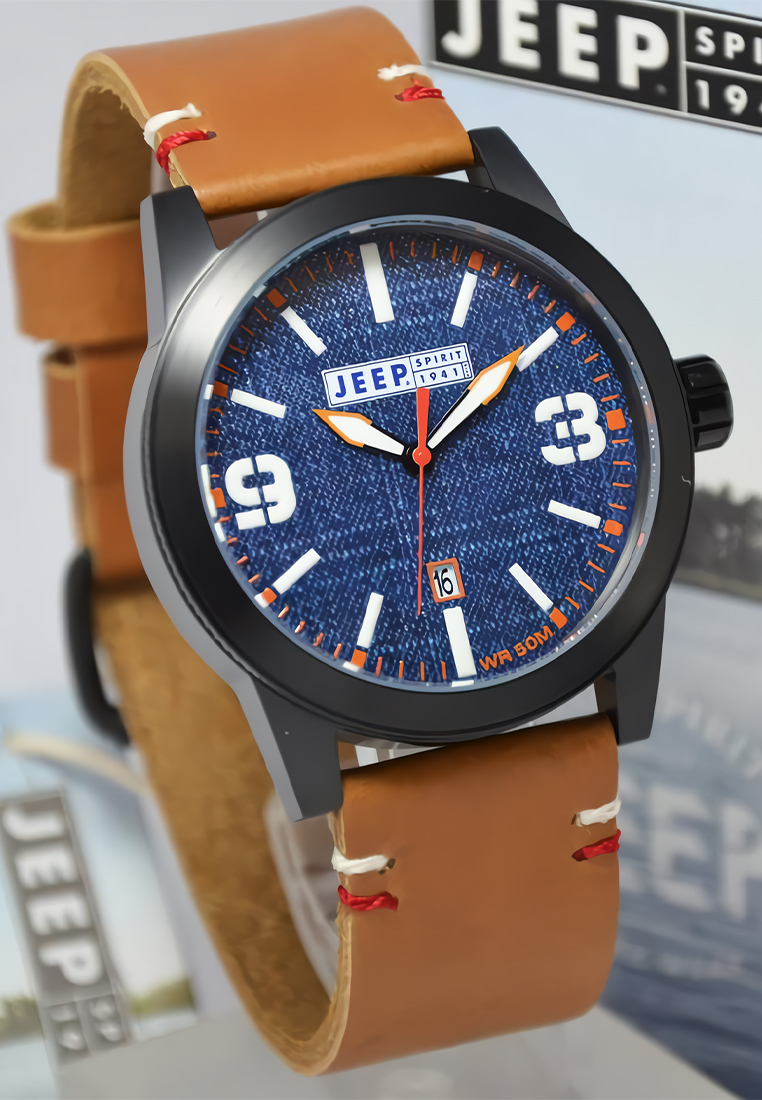 Jeep Spirit JPS70306 Men's Watch Blue Denim Dial Brown Leather Strap