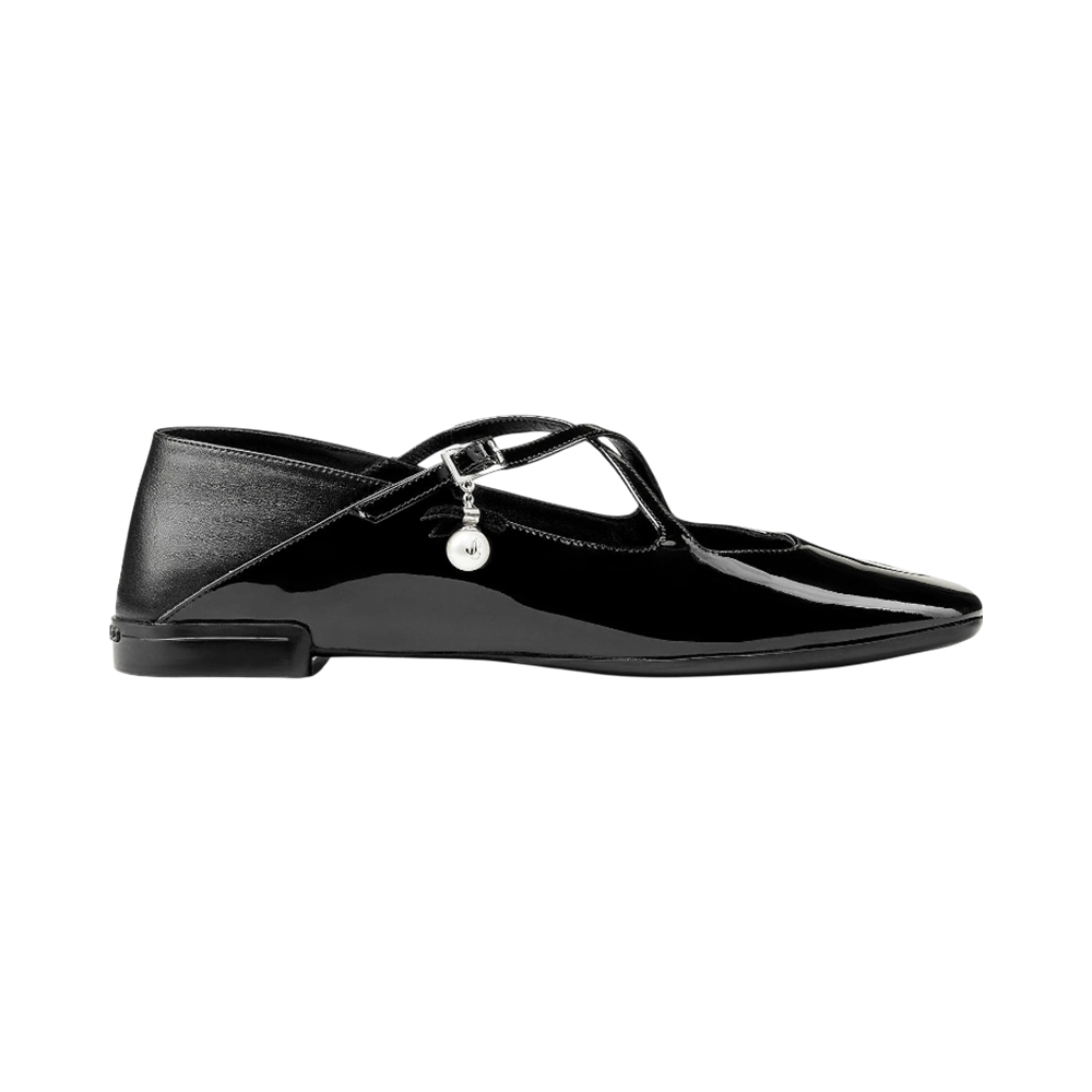 Jimmy Choo Eleri Ballerina Pump Patent Leather with Pearl Charm Black