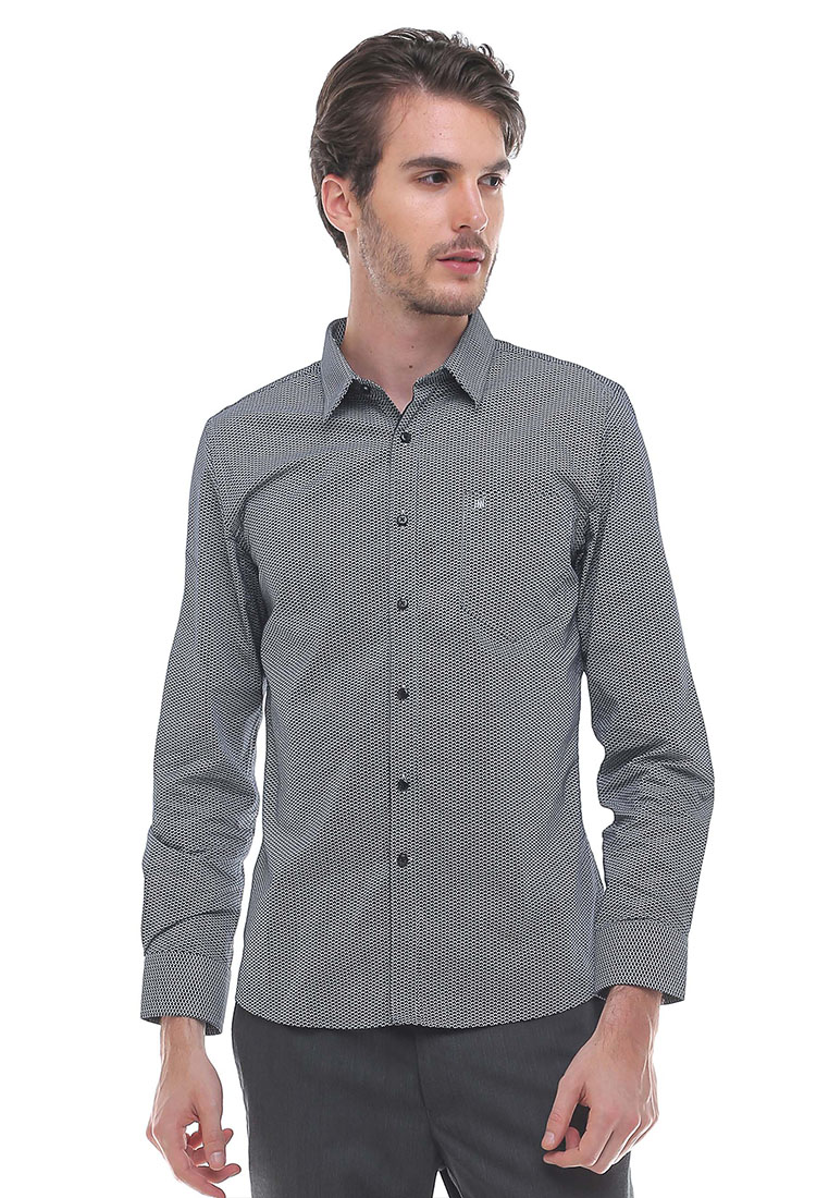 Johnwin - Slim Fit - Kemeja Formal - Motif Jaring - Hitam