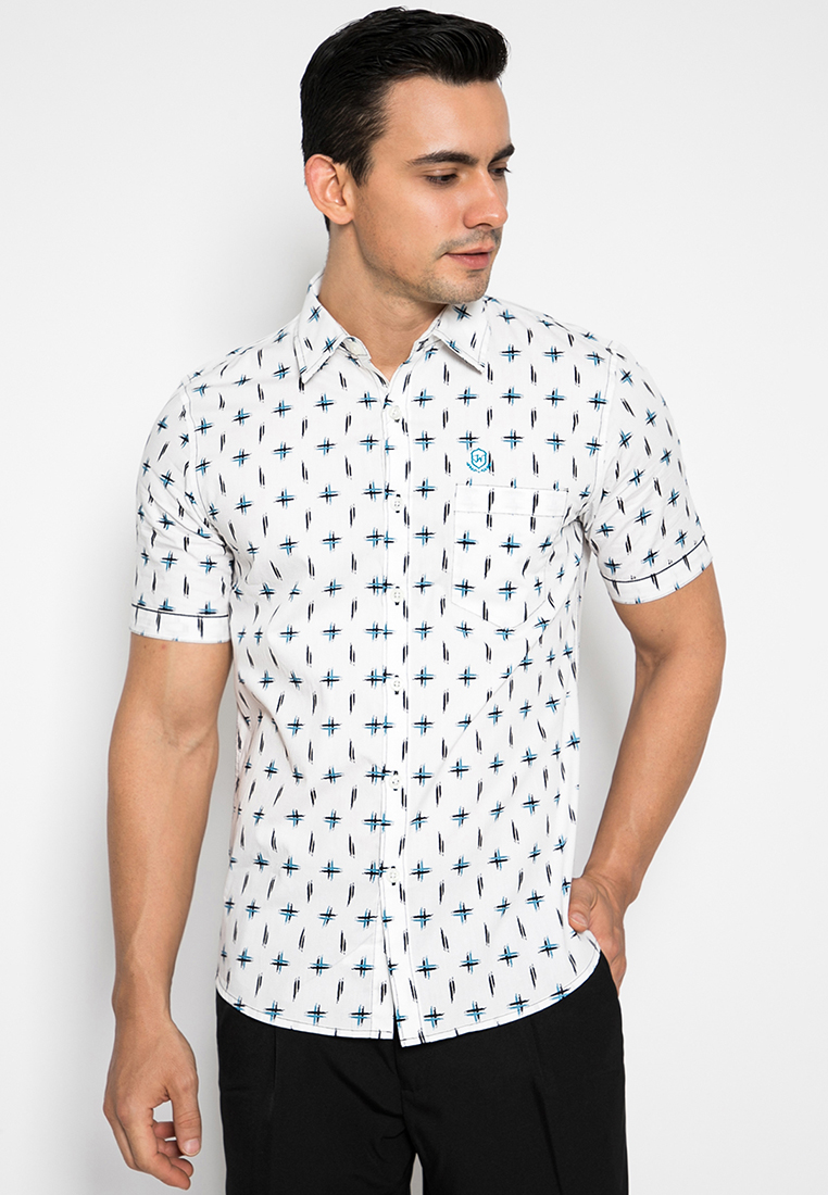 Johnwin - Kemeja Casual -Kemeja Pria - Kemeja Motif Bintang - Putih