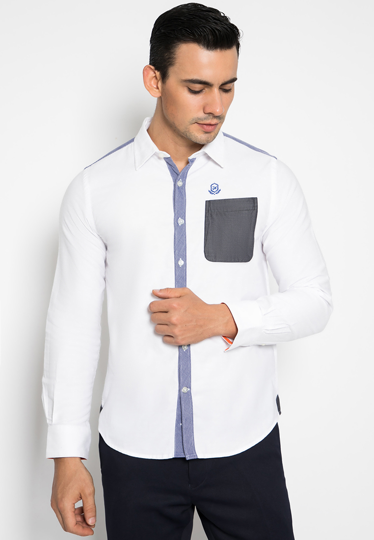 Johnwin - Kemeja Casual - Kemeja Pria - Kantong Polkadot - Putih