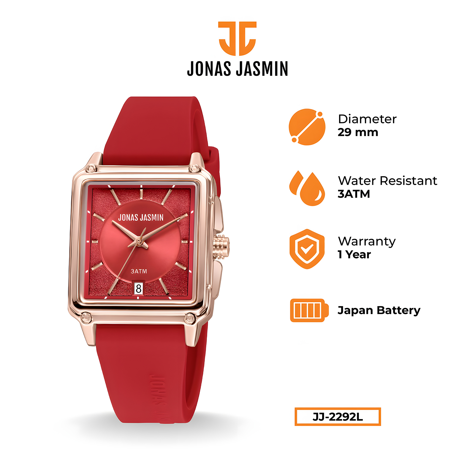 Jonas Jasmin - Jam Tangan Analog Wanita - Red Rose Gold - Rubber Strap - JJ-2292L-RD