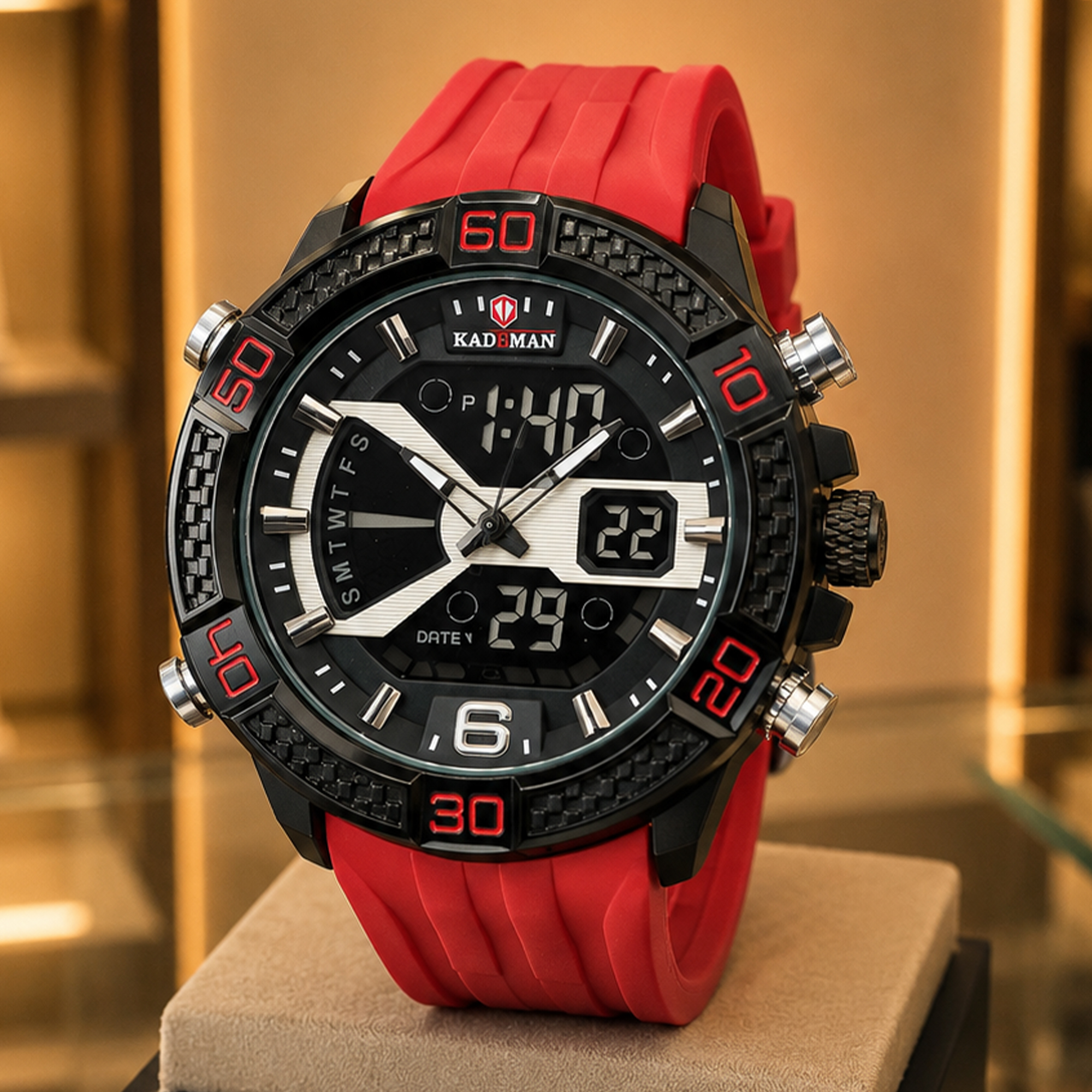 Kademan - Jam Tangan Analog Digital Pria - Black Case - Red Rubber Strap - K7004M-A