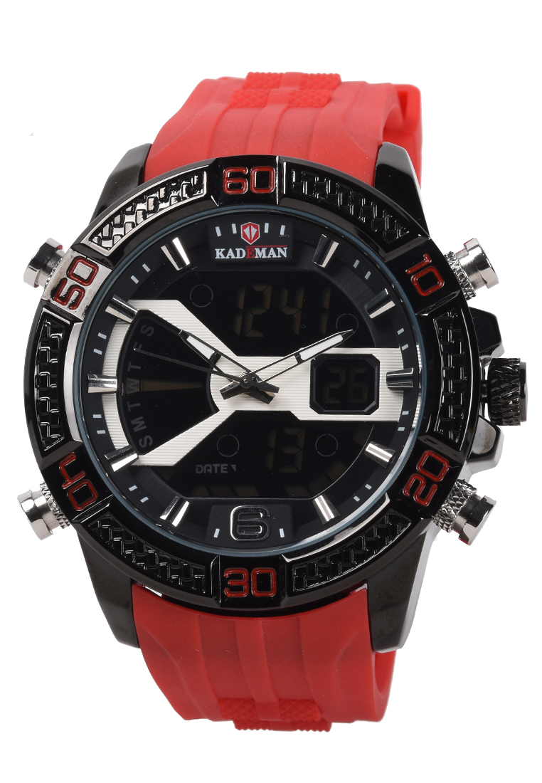 Kademan - Jam Tangan Pria - Black - Red Rubber Strap - K7004-C
