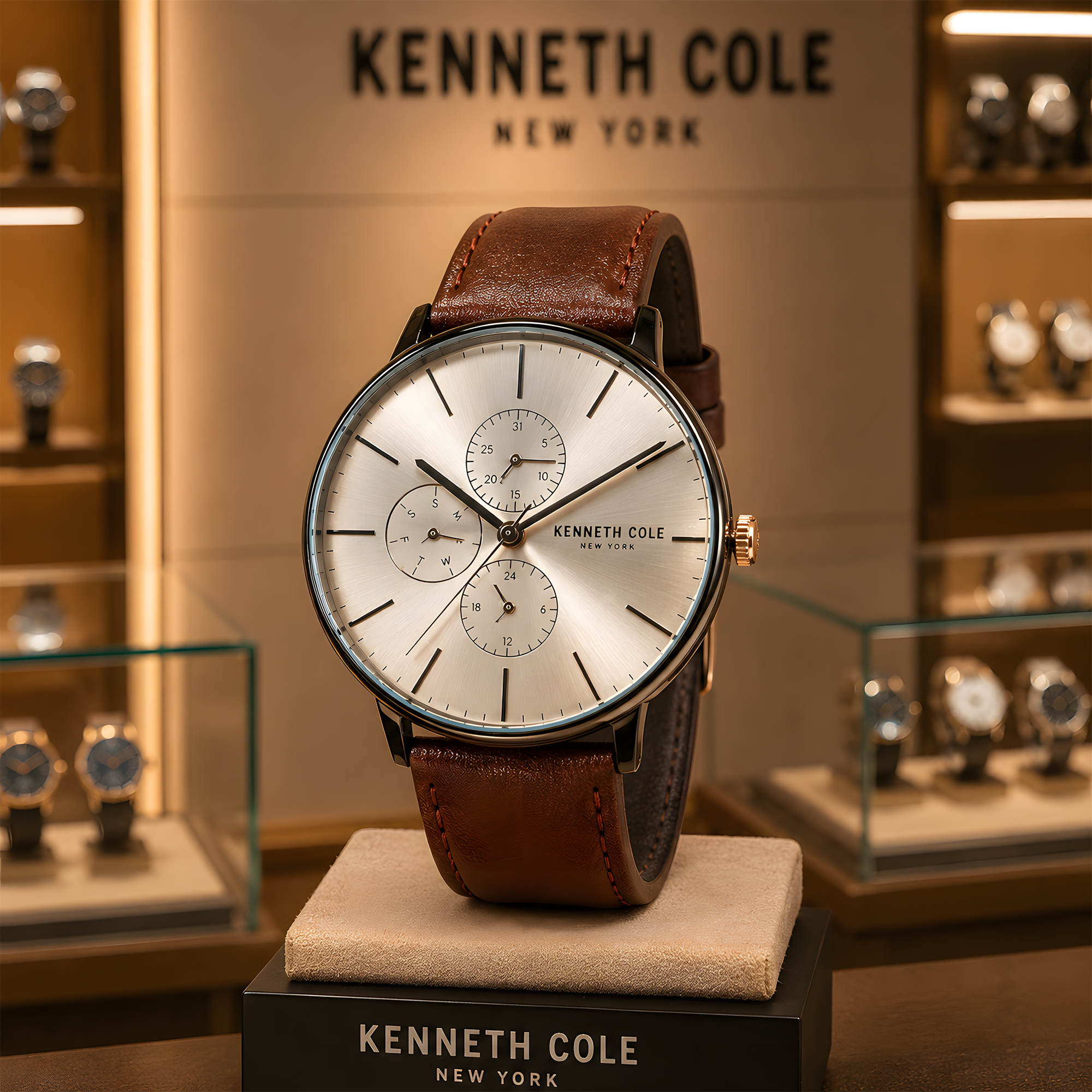 Kenneth Cole - Jam Tangan Analog Pria - Black Case - Brown Leather Strap - KC15189002