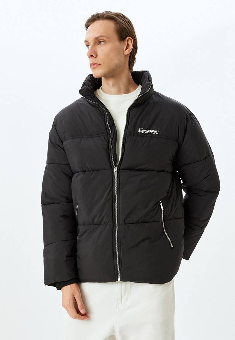 KOTON Zippered Slogan Printed Stand Collar Puffer Jacket