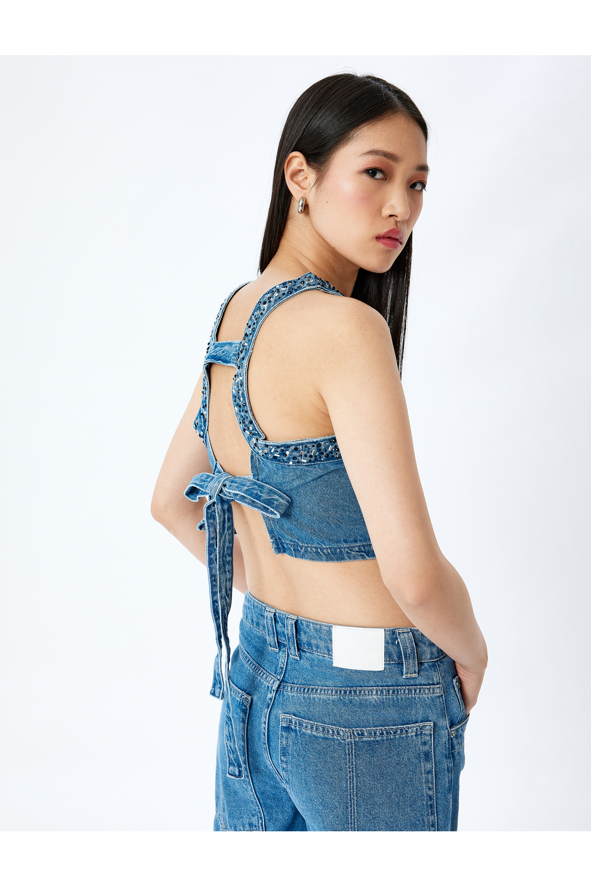 KOTON Stone Detailed Back Lace Up Crop Sleeveless Denim Blouse