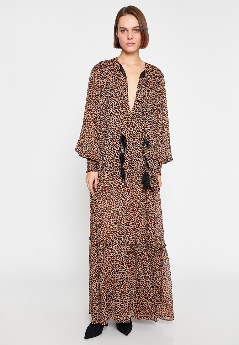 KOTON Feather Deep V-Neck Long Dress