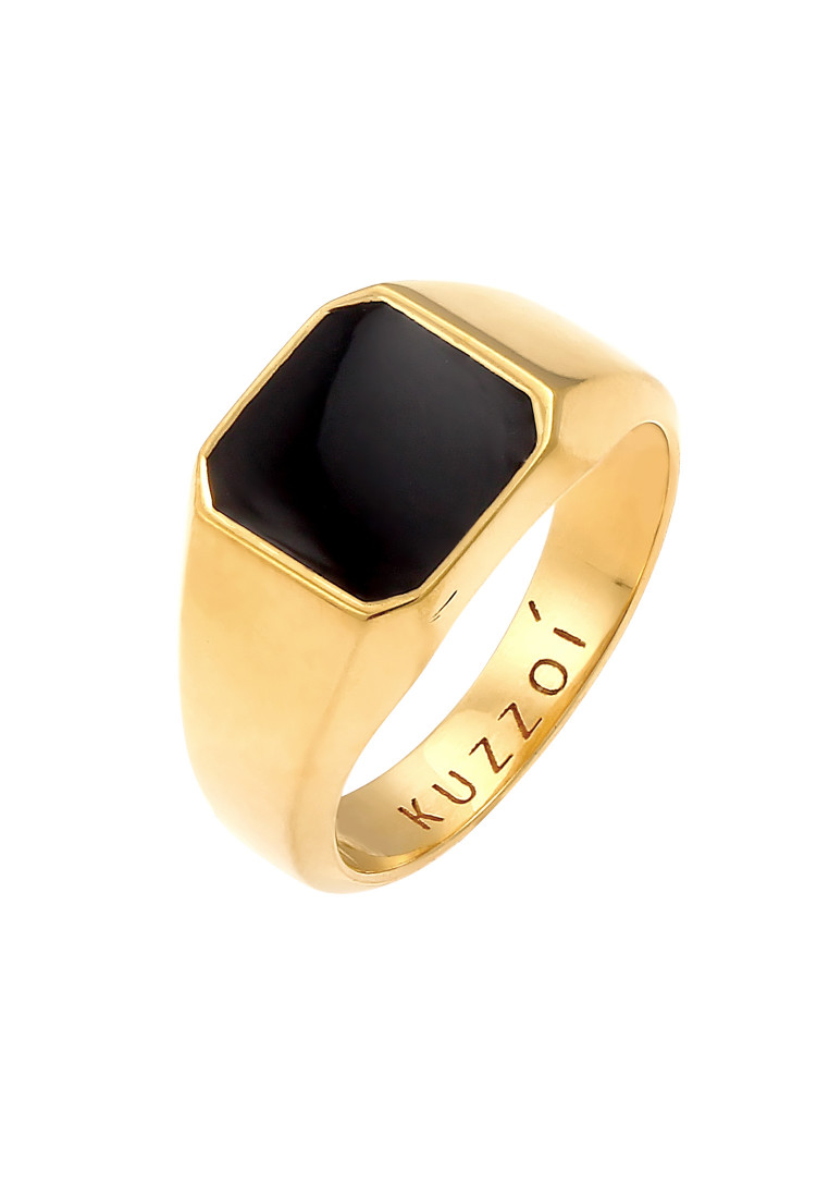 Kuzzoi Cincin Ring Perak 925 Lapis Emas Pria Signet Enamel Hitam