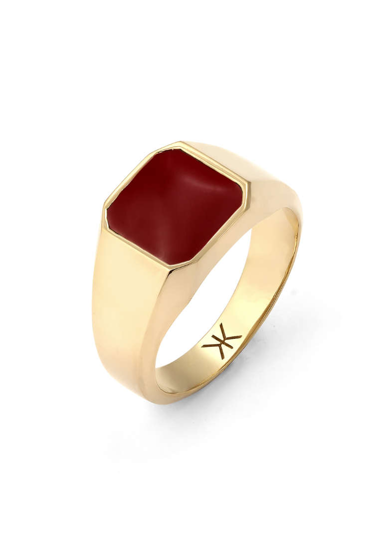 Kuzzoi Cincin Ring Perak 925 Lapis Emas Pria Signet Enamel Merah