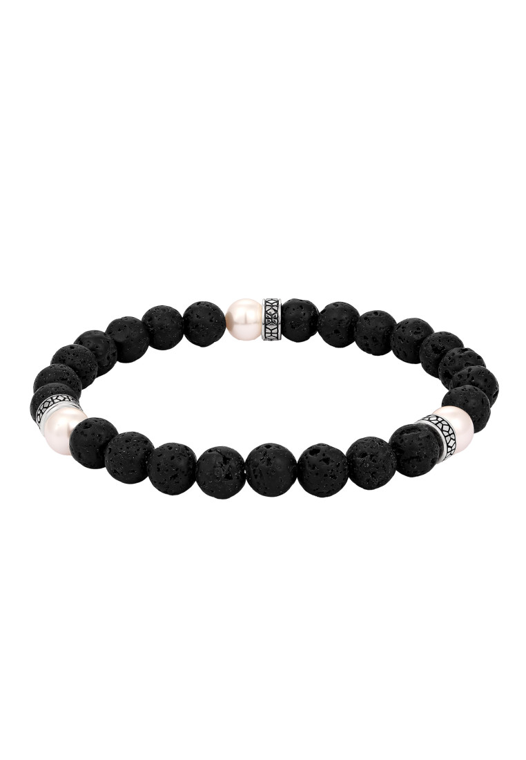 KUZZOI EXCLUSIVE Gelang Perhiasan Perak 925 Pria Lava Black Synthetic Pearl Embellished with Crystal