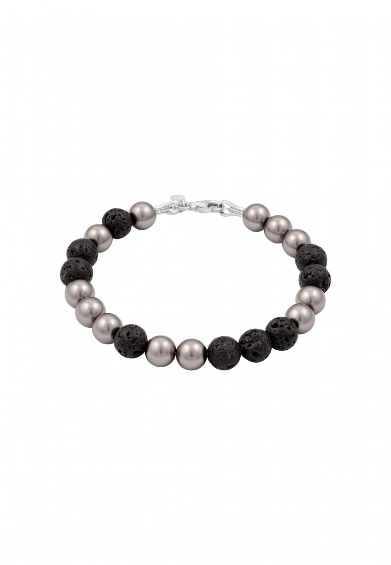 KUZZOI EXCLUSIVE Gelang Perhiasan Perak 925 Pria Ball Lava Synthetic Pearl Grey Black Embellished wi